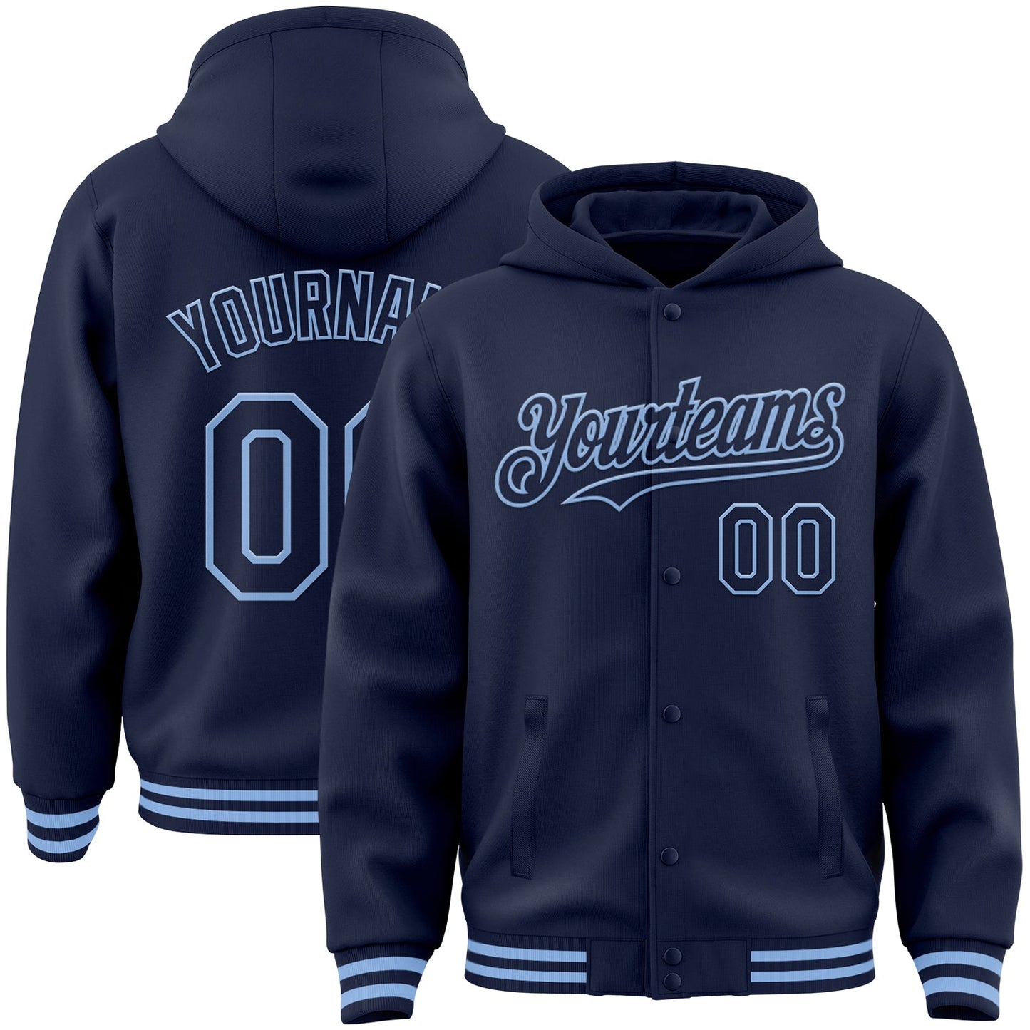 Custom Navy Light Blue Bomber Full-Snap Varsity Letterman Hoodie Jacket - Main View