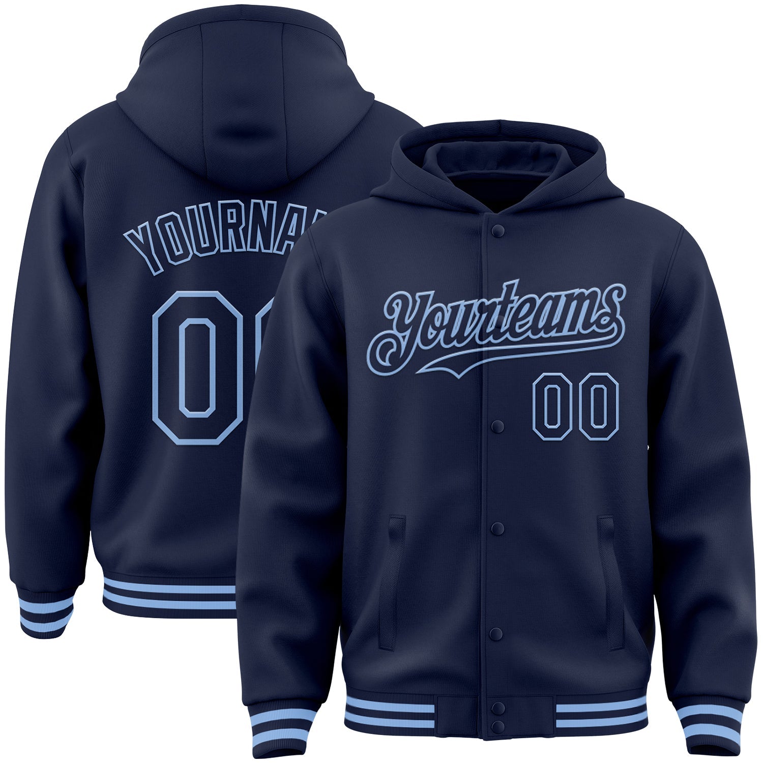 Custom Navy Light Blue Bomber Full-Snap Varsity Letterman Hoodie Jacket - Main View