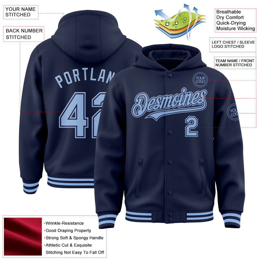 Custom Navy Light Blue Bomber Full-Snap Varsity Letterman Hoodie Jacket view 3