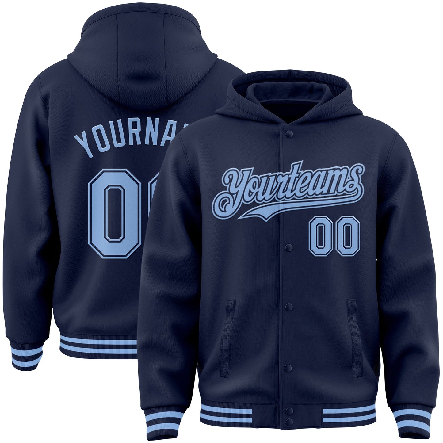 Custom Navy Light Blue Bomber Full-Snap Varsity Letterman Hoodie Jacket - Main View