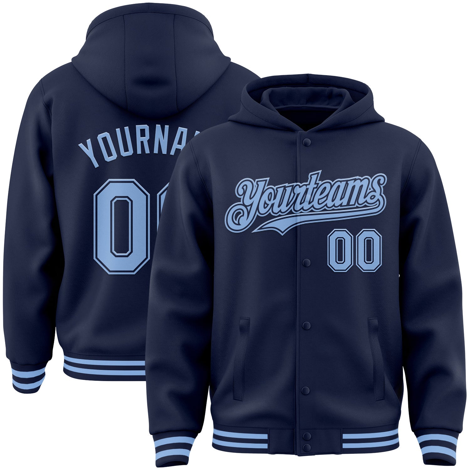 Custom Navy Light Blue Bomber Full-Snap Varsity Letterman Hoodie Jacket - Main View