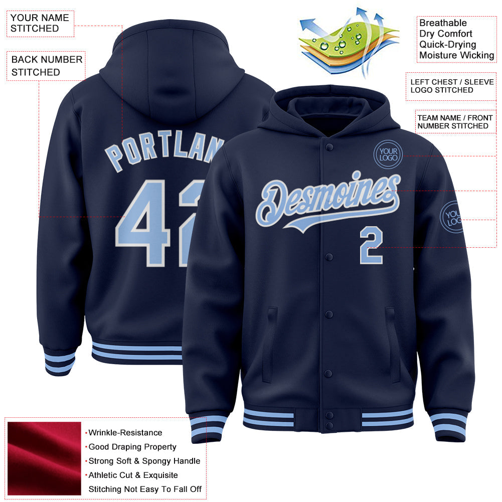 Custom Navy Light Blue-White Bomber Full-Snap Varsity Letterman Hoodie Jacket view 3