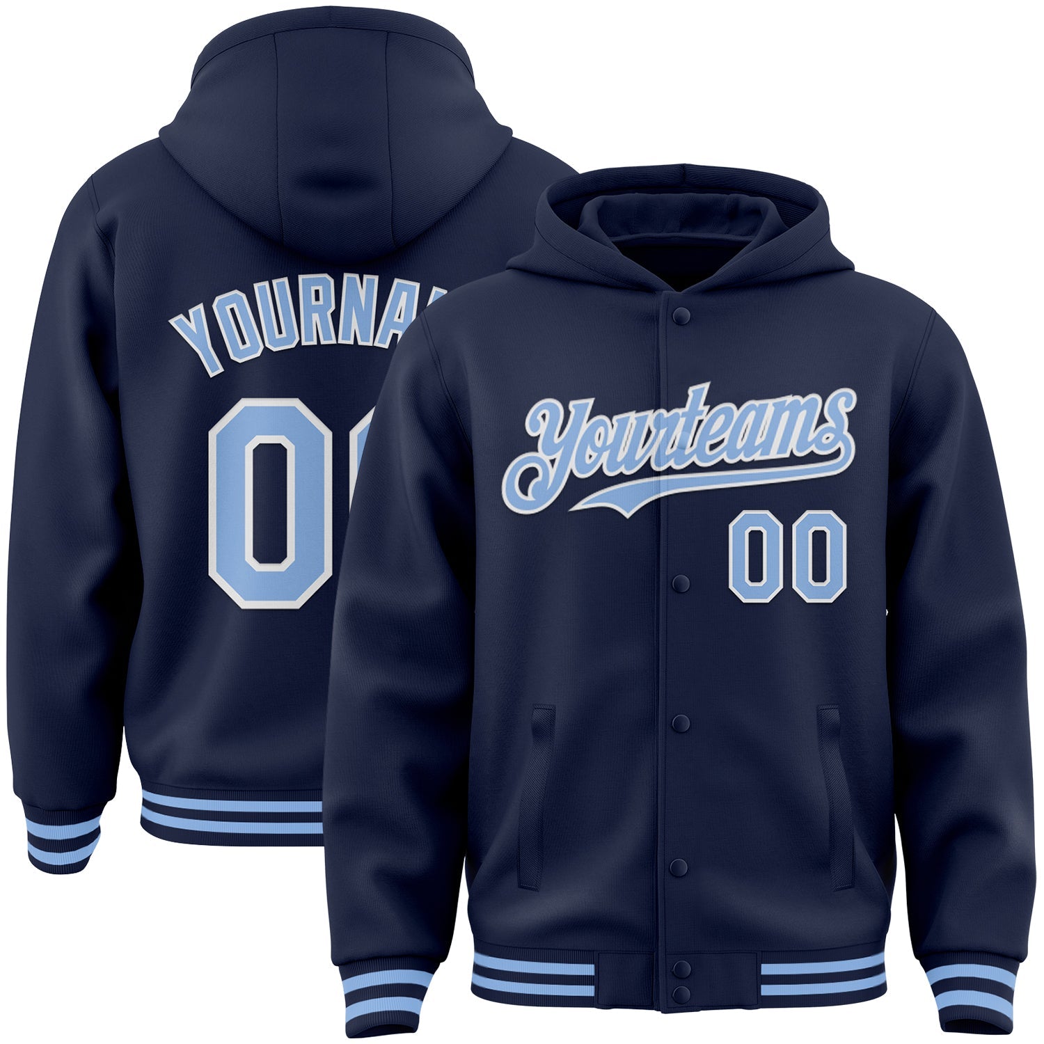 Custom Navy Light Blue-White Bomber Full-Snap Varsity Letterman Hoodie Jacket - Main View