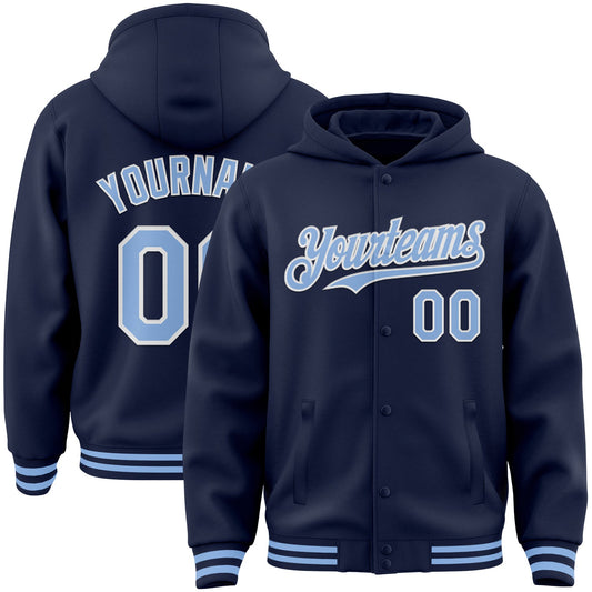 Custom Navy Light Blue-White Bomber Full-Snap Varsity Letterman Hoodie Jacket - Main View