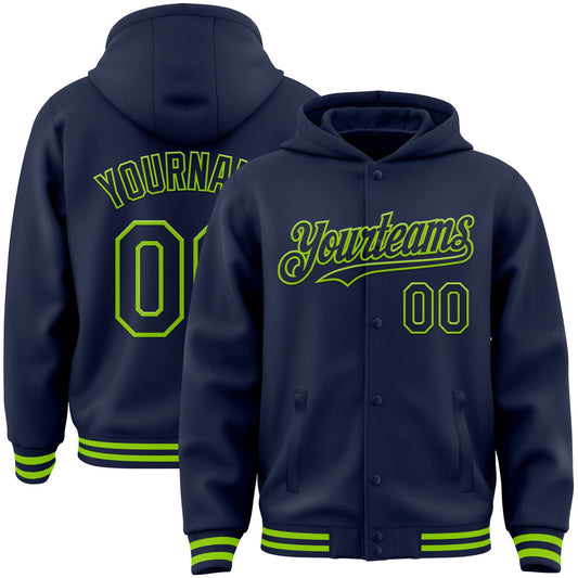 Custom Navy Neon Green Bomber Full-Snap Varsity Letterman Hoodie Jacket - Main View