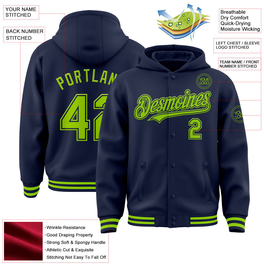 Custom Navy Neon Green Bomber Full-Snap Varsity Letterman Hoodie Jacket view 3