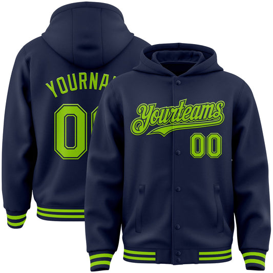 Custom Navy Neon Green Bomber Full-Snap Varsity Letterman Hoodie Jacket - Main View