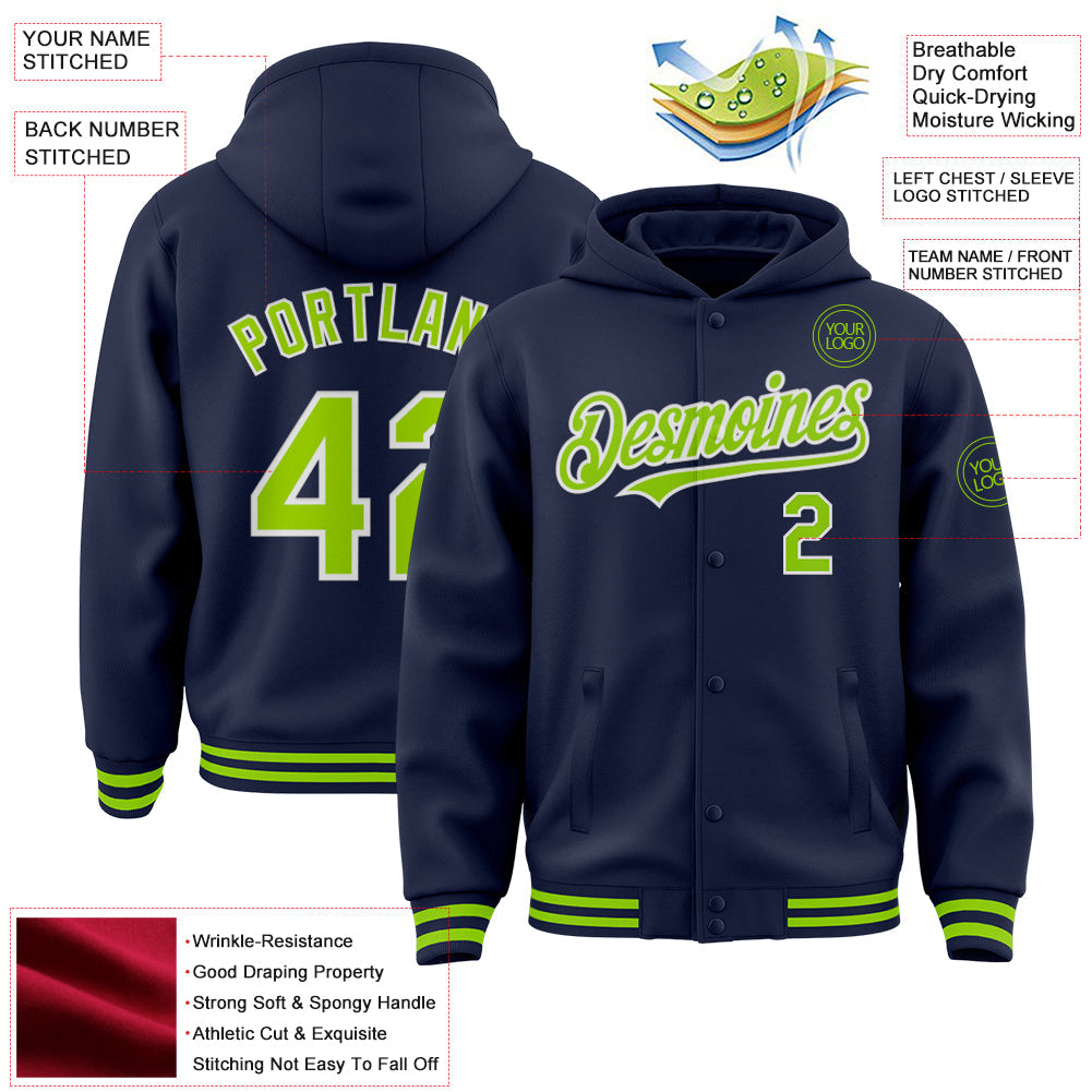 Custom Navy Neon Green-White Bomber Full-Snap Varsity Letterman Hoodie Jacket view 3