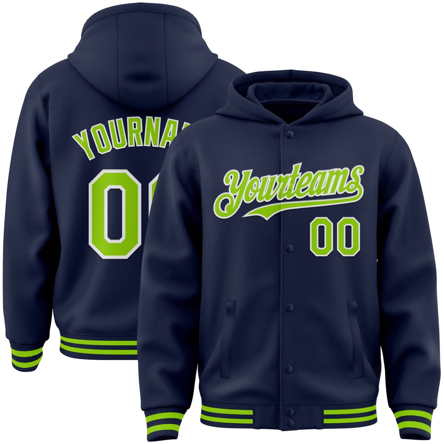 Custom Navy Neon Green-White Bomber Full-Snap Varsity Letterman Hoodie Jacket - Main View