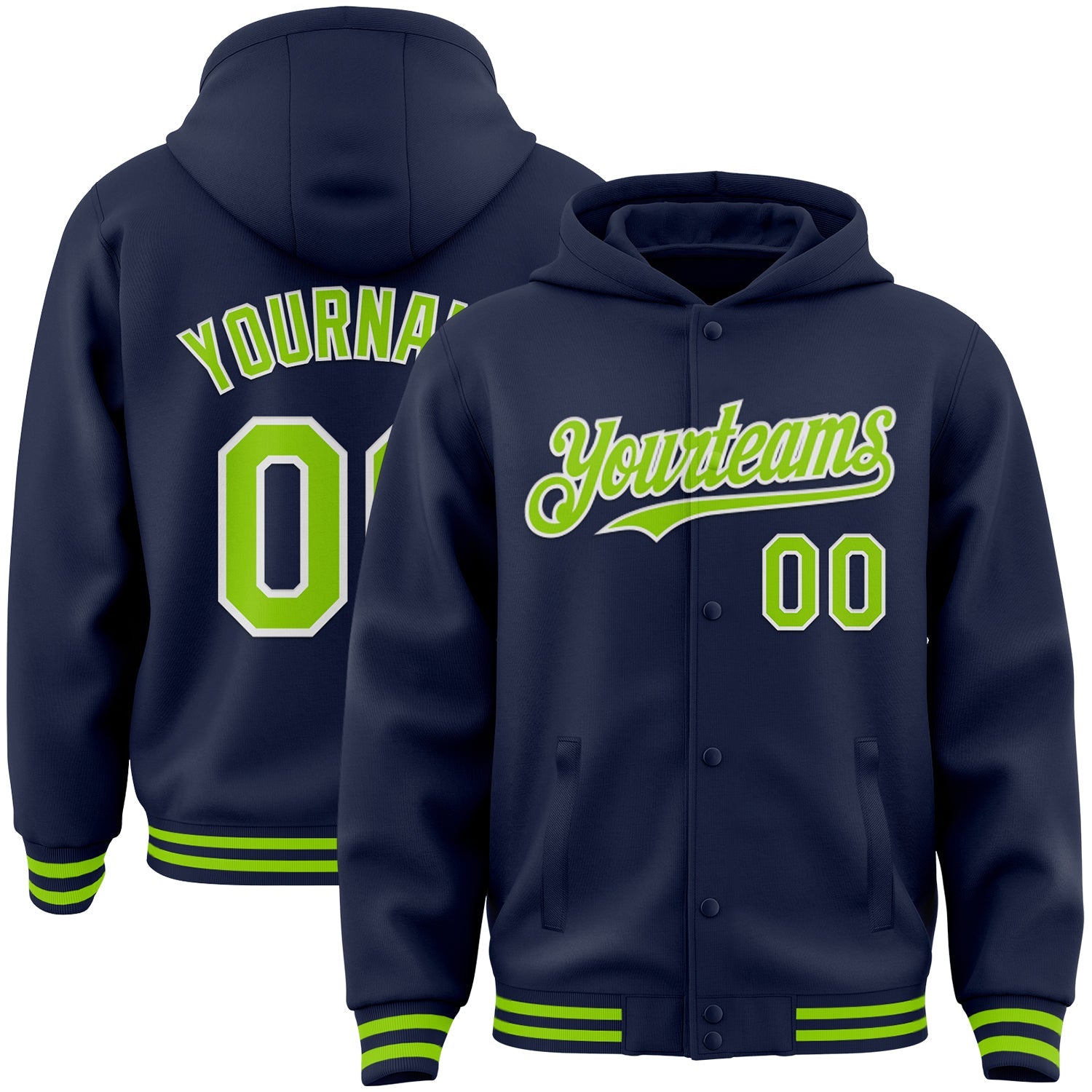Custom Navy Neon Green-White Bomber Full-Snap Varsity Letterman Hoodie Jacket - Main View