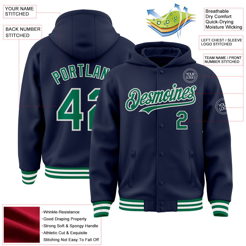 Custom Navy Kelly Green-White Bomber Full-Snap Varsity Letterman Hoodie Jacket view 3