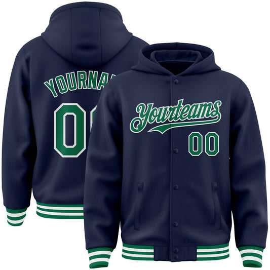Custom Navy Kelly Green-White Bomber Full-Snap Varsity Letterman Hoodie Jacket - Main View
