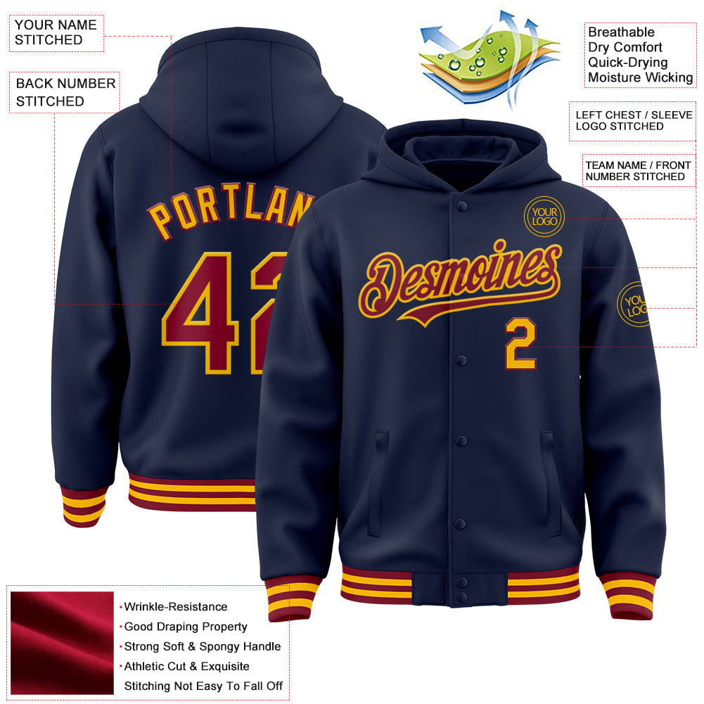 Custom Navy Crimson-Gold Bomber Full-Snap Varsity Letterman Hoodie Jacket view 3