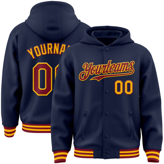 Custom Navy Crimson-Gold Bomber Full-Snap Varsity Letterman Hoodie Jacket - Main View