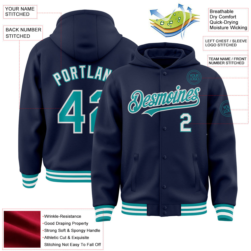 Custom Navy Teal-White Bomber Full-Snap Varsity Letterman Hoodie Jacket view 3