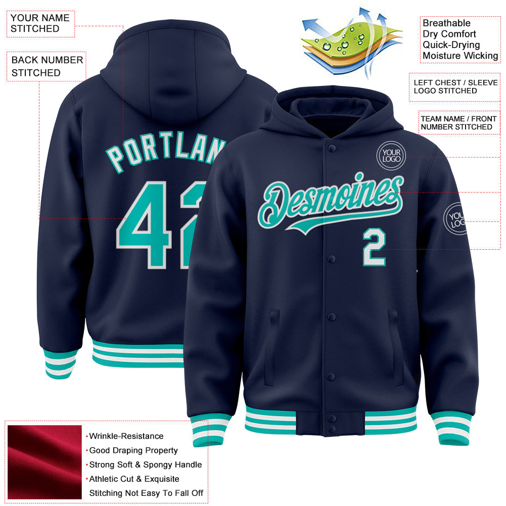 Custom Navy Aqua-White Bomber Full-Snap Varsity Letterman Hoodie Jacket view 3