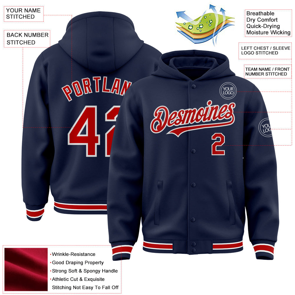 Custom Navy Red-White Bomber Full-Snap Varsity Letterman Hoodie Jacket view 3
