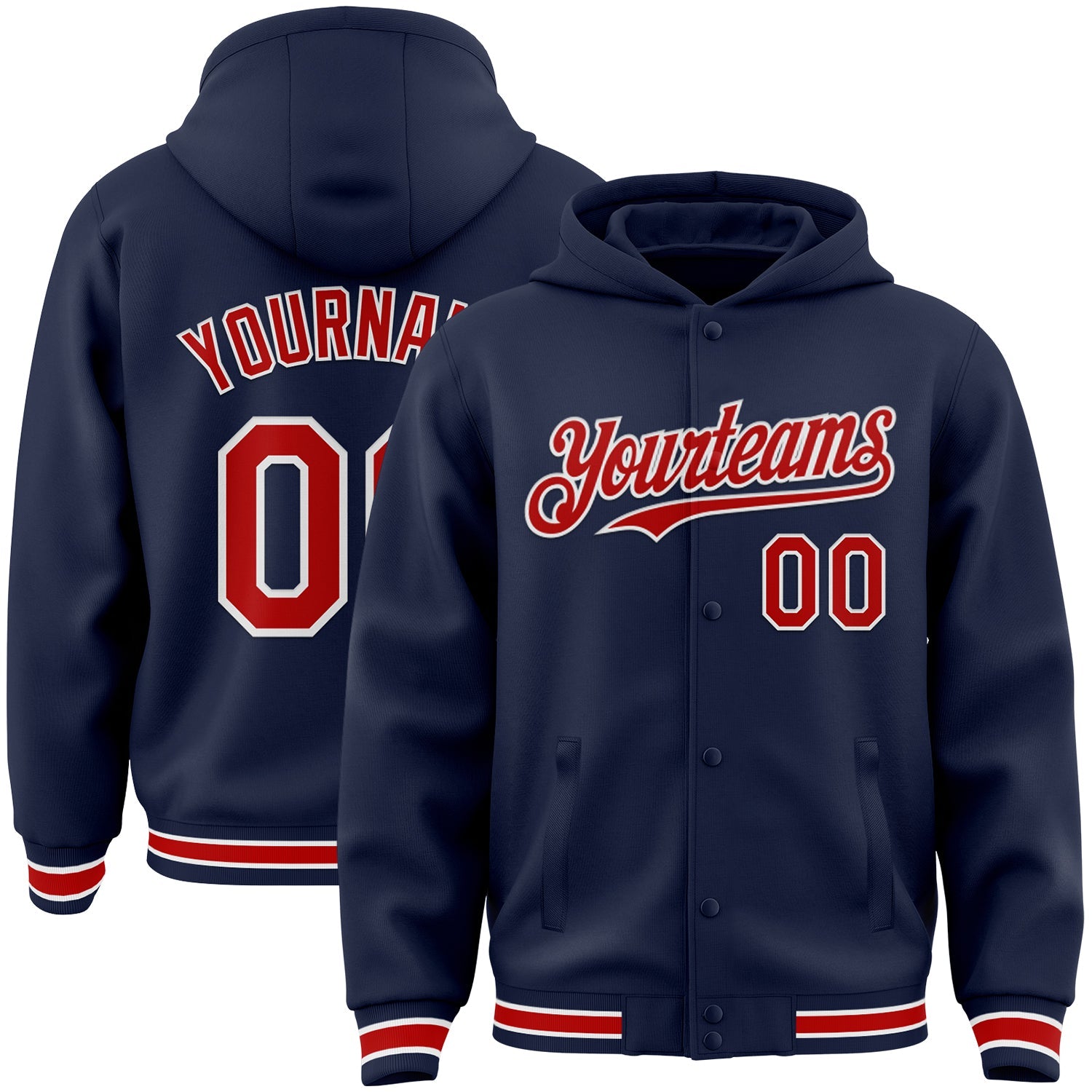 Custom Navy Red-White Bomber Full-Snap Varsity Letterman Hoodie Jacket - Main View