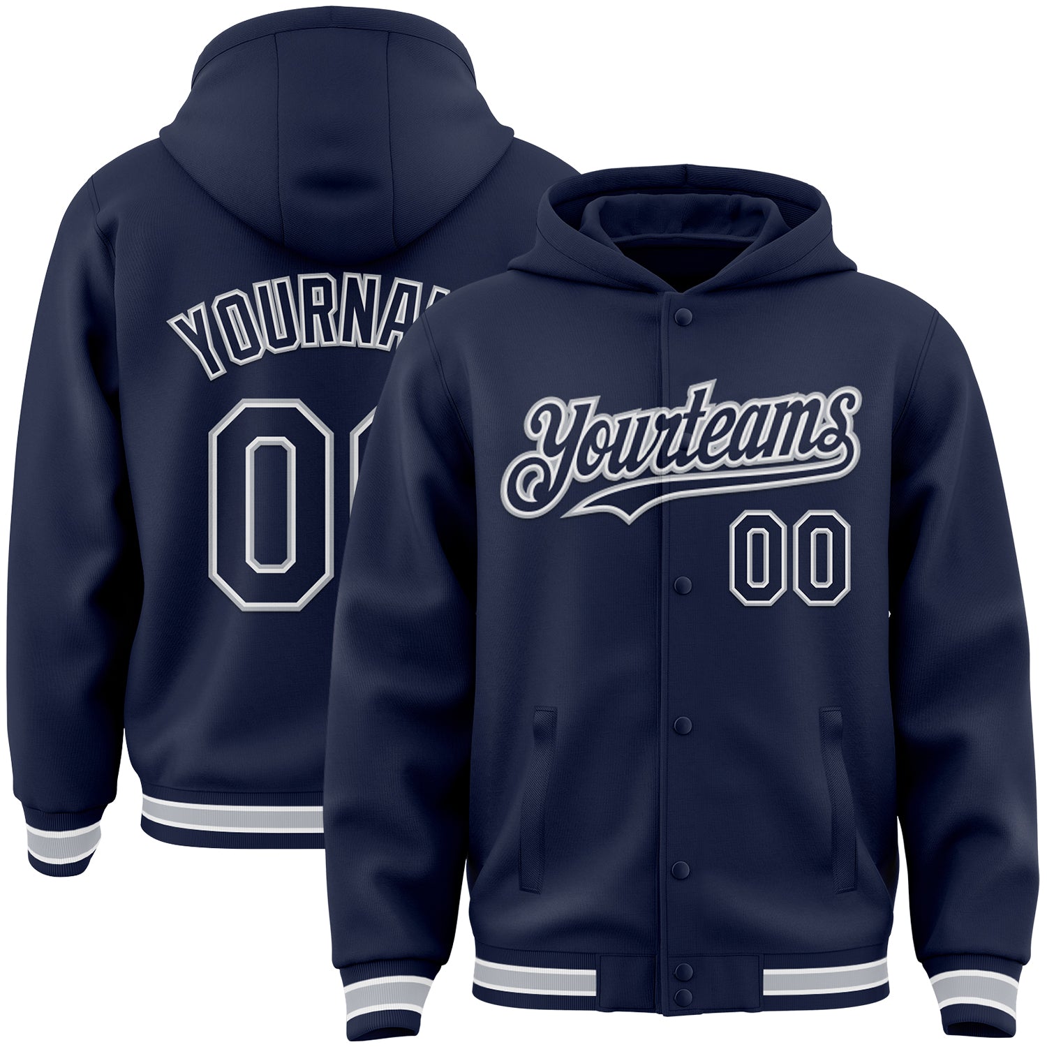 Custom Navy White-Gray Bomber Full-Snap Varsity Letterman Hoodie Jacket - Main View