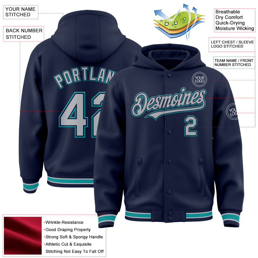 Custom Navy Gray-Teal Bomber Full-Snap Varsity Letterman Hoodie Jacket view 3