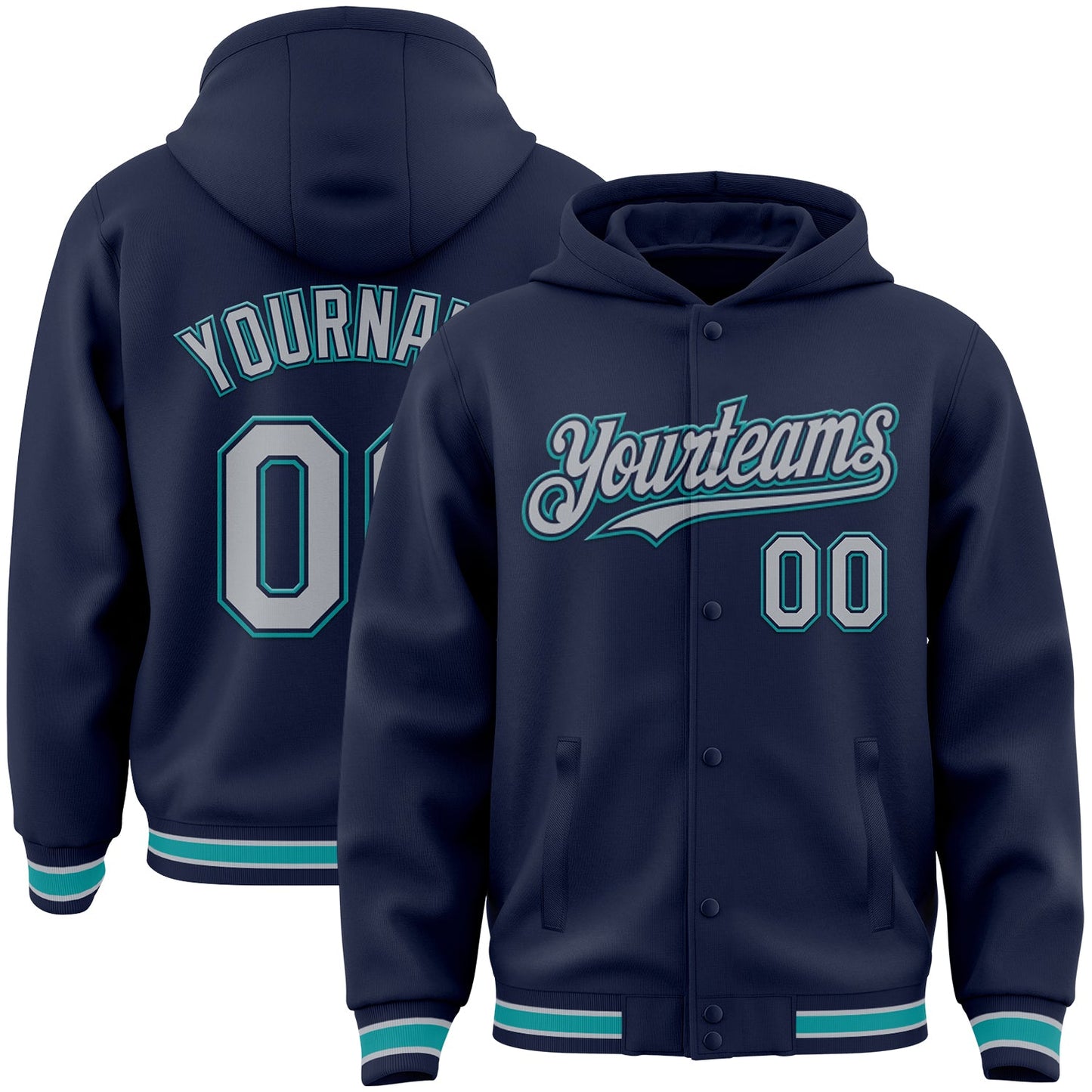Custom Navy Gray-Teal Bomber Full-Snap Varsity Letterman Hoodie Jacket - Main View