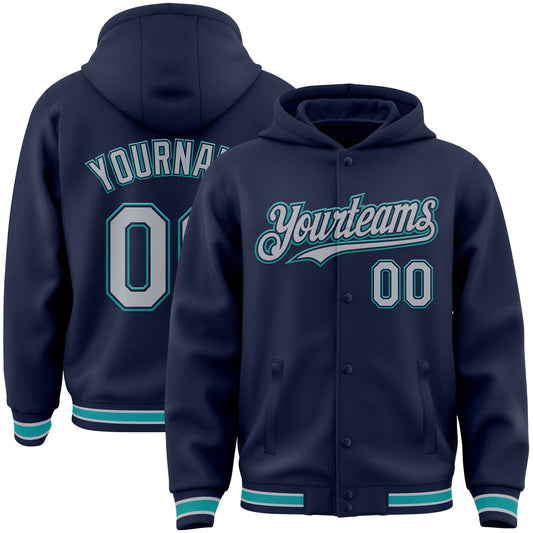 Custom Navy Gray-Teal Bomber Full-Snap Varsity Letterman Hoodie Jacket - Main View