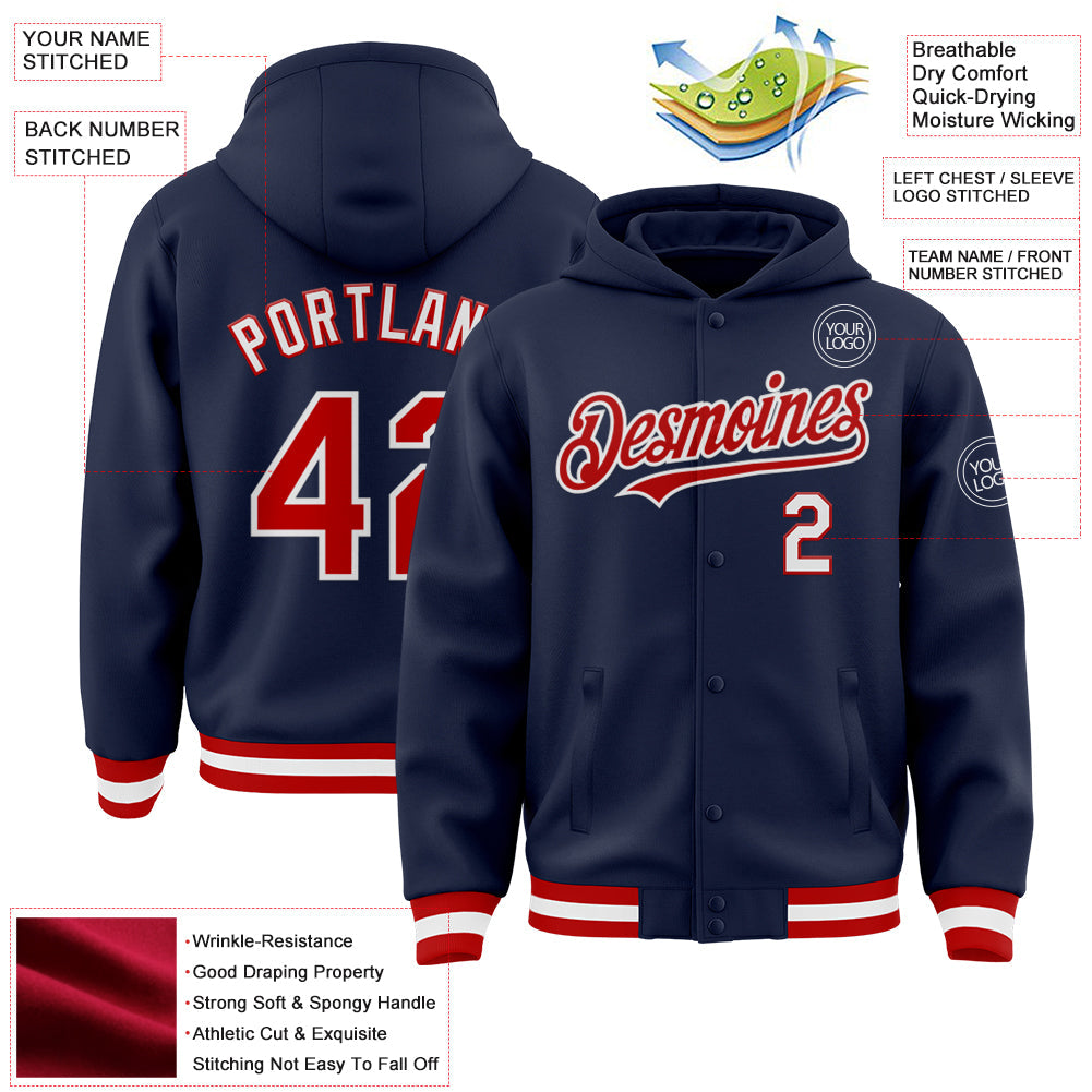 Custom Navy Red-White Bomber Full-Snap Varsity Letterman Hoodie Jacket view 3