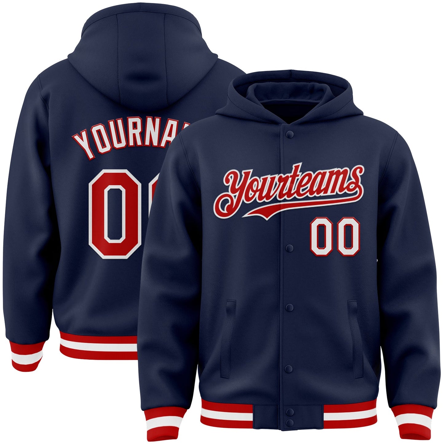 Custom Navy Red-White Bomber Full-Snap Varsity Letterman Hoodie Jacket - Main View