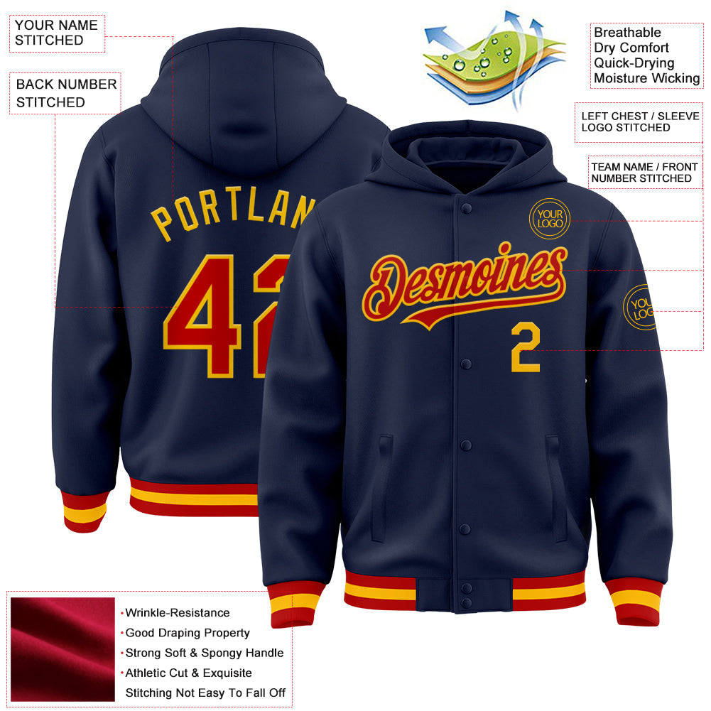 Custom Navy Red-Gold Bomber Full-Snap Varsity Letterman Hoodie Jacket view 3