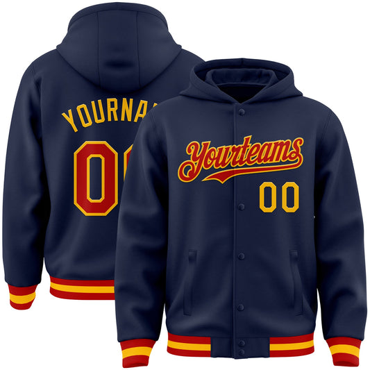 Custom Navy Red-Gold Bomber Full-Snap Varsity Letterman Hoodie Jacket - Main View