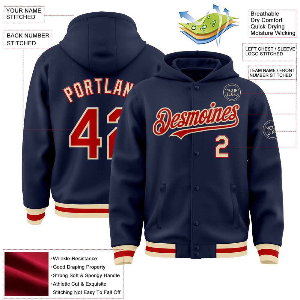 Custom Navy Red-Cream Bomber Full-Snap Varsity Letterman Hoodie Jacket view 3
