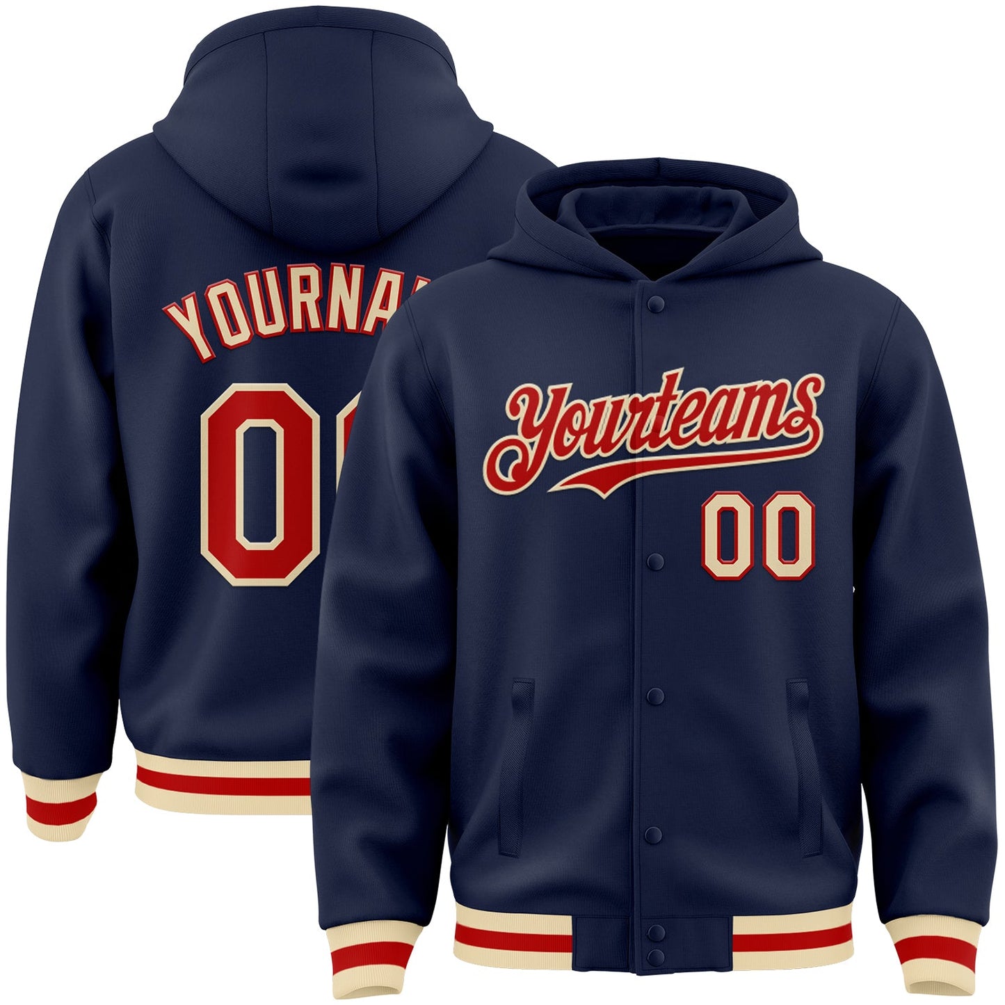 Custom Navy Red-Cream Bomber Full-Snap Varsity Letterman Hoodie Jacket - Main View