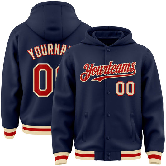 Custom Navy Red-Cream Bomber Full-Snap Varsity Letterman Hoodie Jacket - Main View