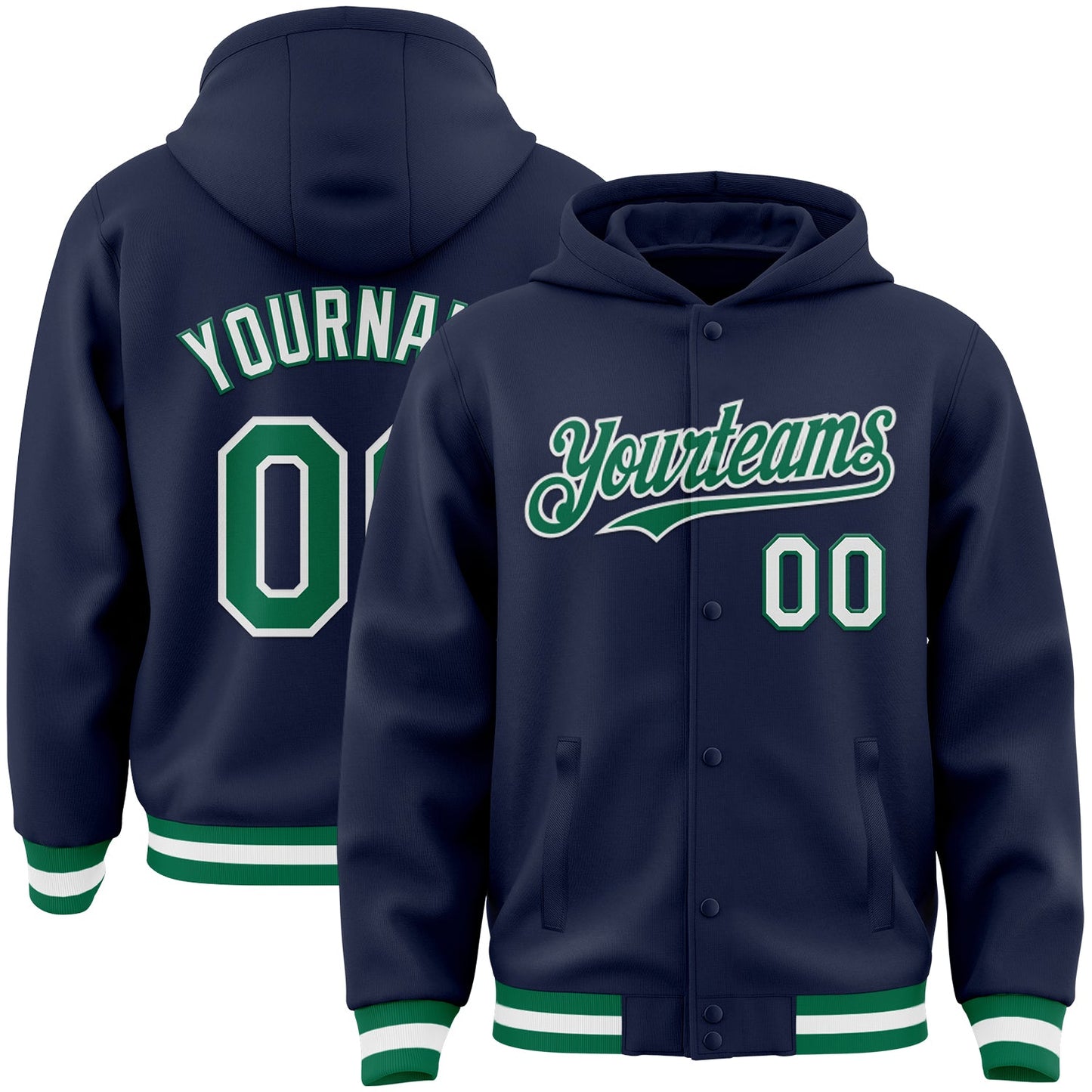 Custom Navy Kelly Green-White Bomber Full-Snap Varsity Letterman Hoodie Jacket - Main View