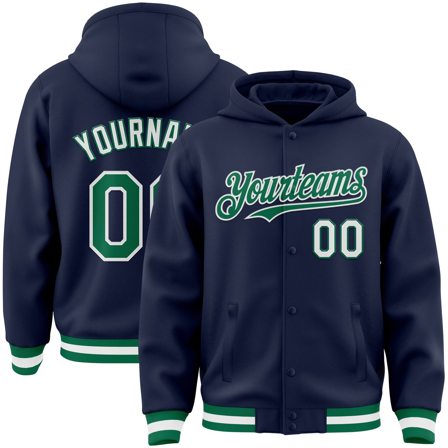 Custom Navy Kelly Green-White Bomber Full-Snap Varsity Letterman Hoodie Jacket - Main View