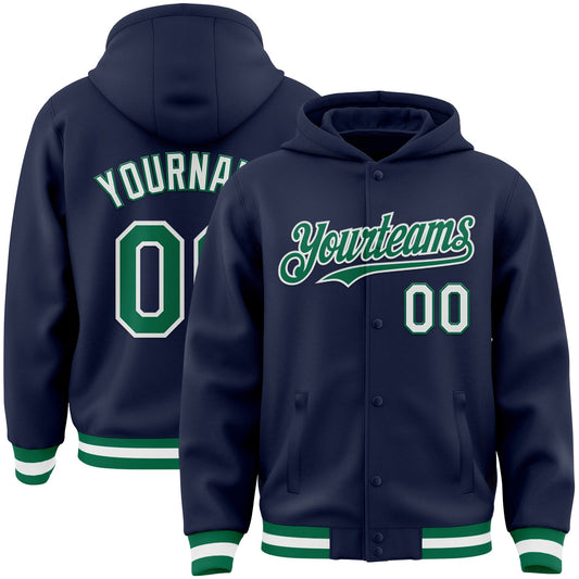 Custom Navy Kelly Green-White Bomber Full-Snap Varsity Letterman Hoodie Jacket - Main View