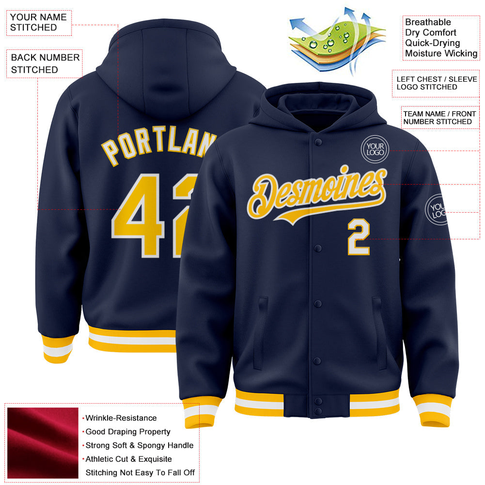 Custom Navy Gold-White Bomber Full-Snap Varsity Letterman Hoodie Jacket view 3