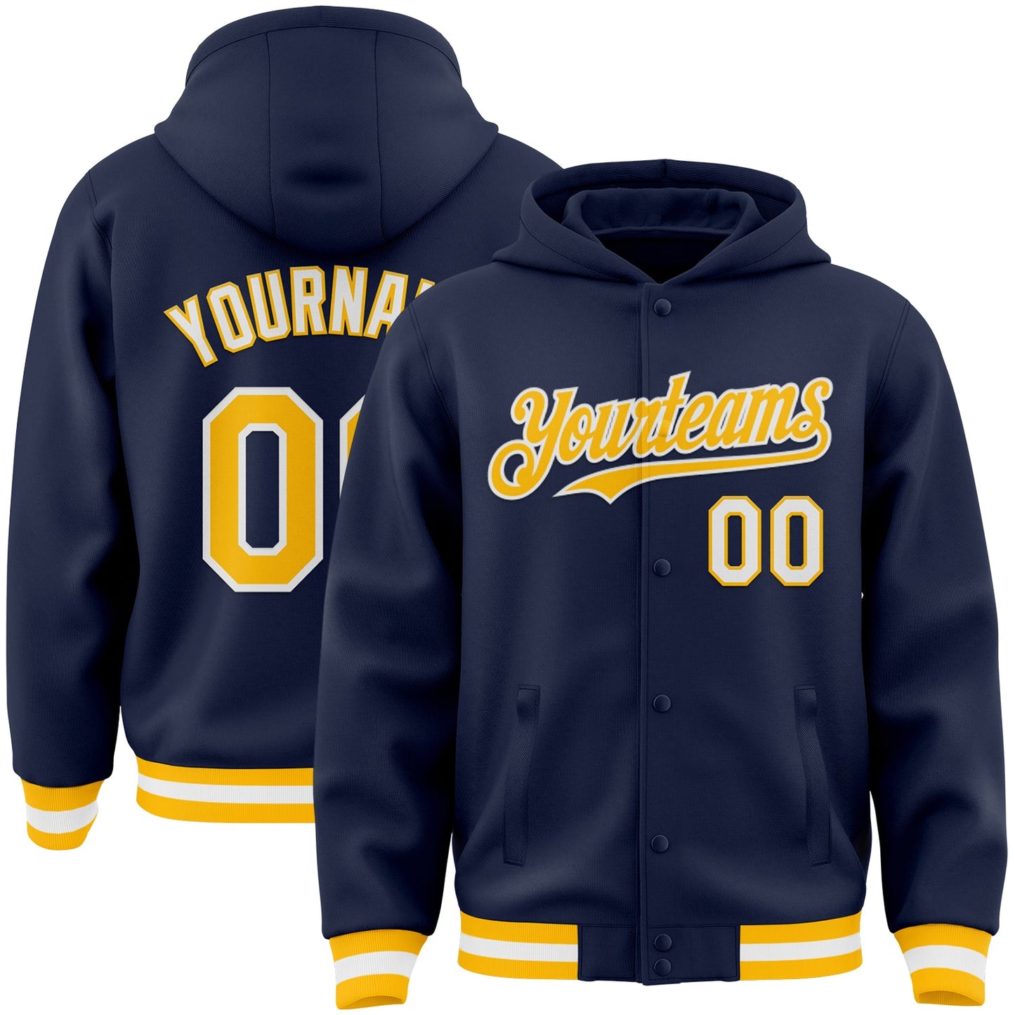 Custom Navy Gold-White Bomber Full-Snap Varsity Letterman Hoodie Jacket - Main View