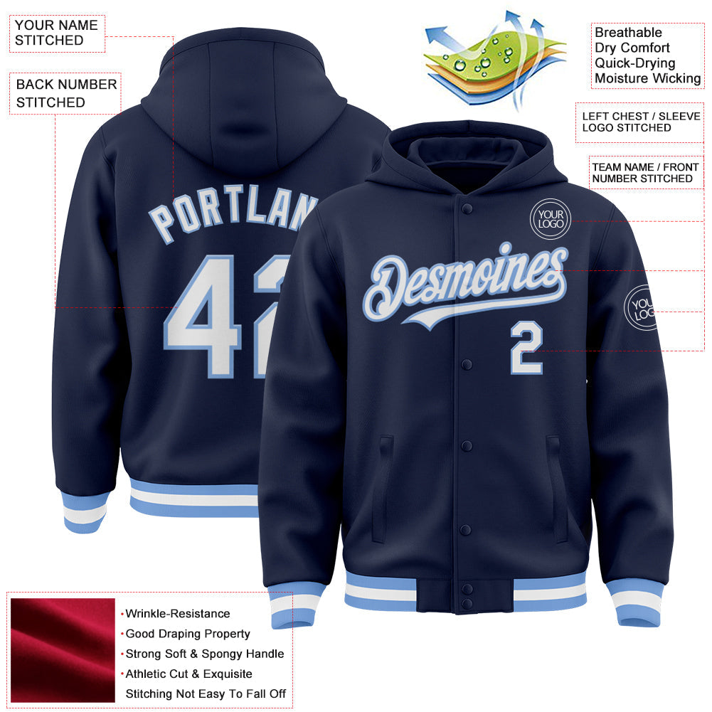 Custom Navy White-Light Blue Bomber Full-Snap Varsity Letterman Hoodie Jacket view 3