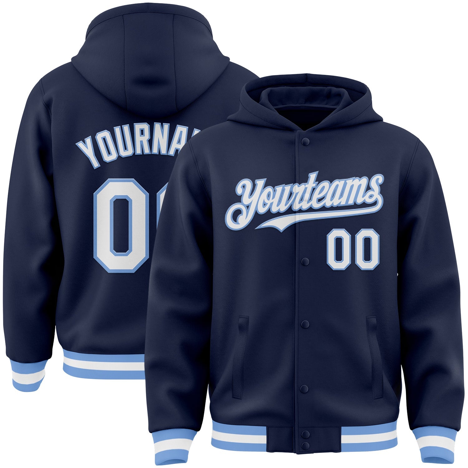 Custom Navy White-Light Blue Bomber Full-Snap Varsity Letterman Hoodie Jacket - Main View