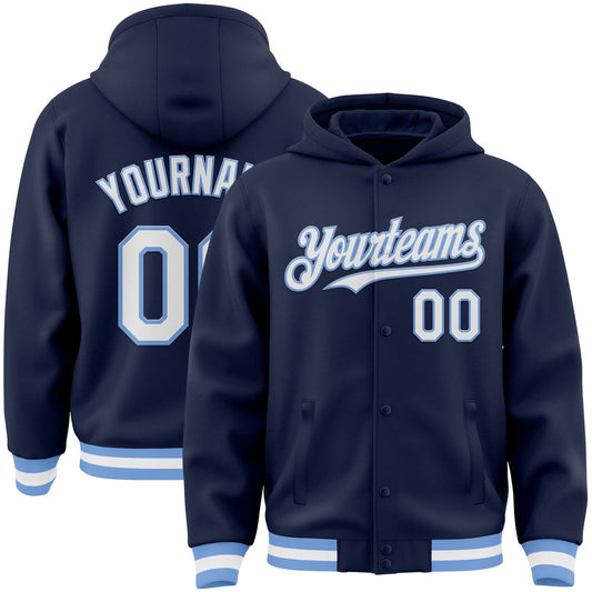Custom Navy White-Light Blue Bomber Full-Snap Varsity Letterman Hoodie Jacket - Main View