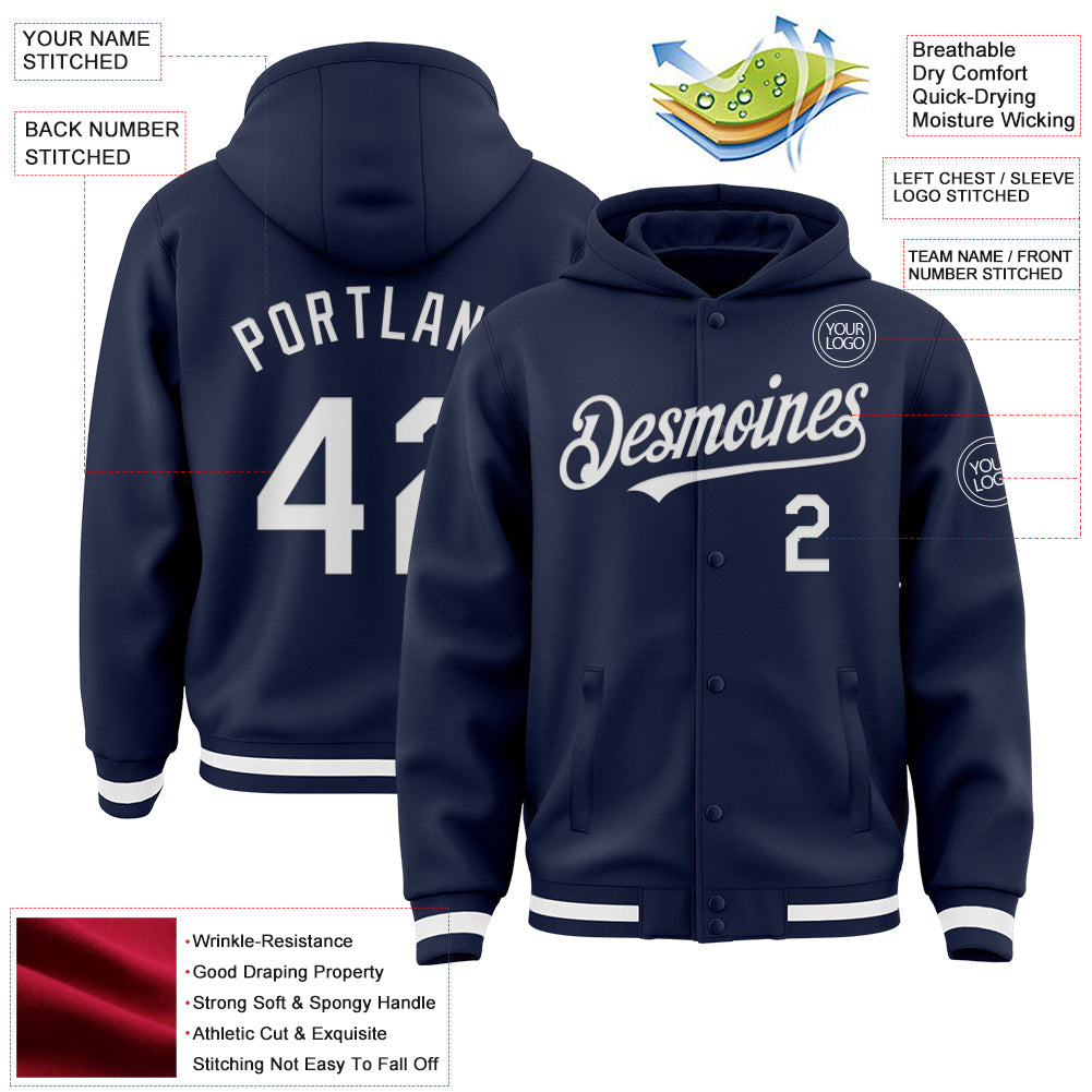 Custom Navy White Bomber Full-Snap Varsity Letterman Hoodie Jacket view 3