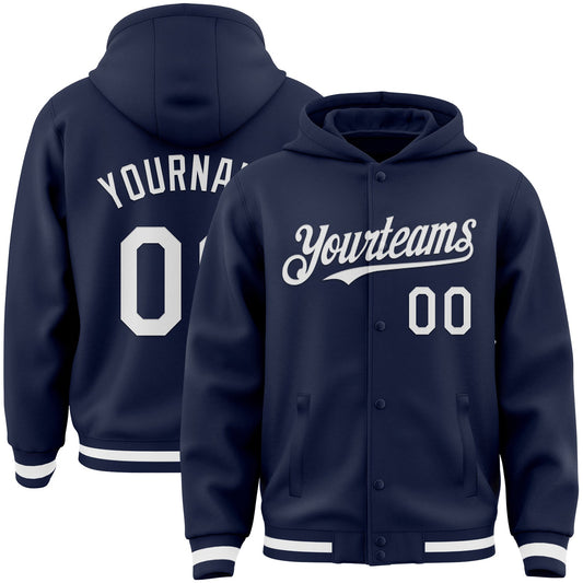 Custom Navy White Bomber Full-Snap Varsity Letterman Hoodie Jacket - Main View