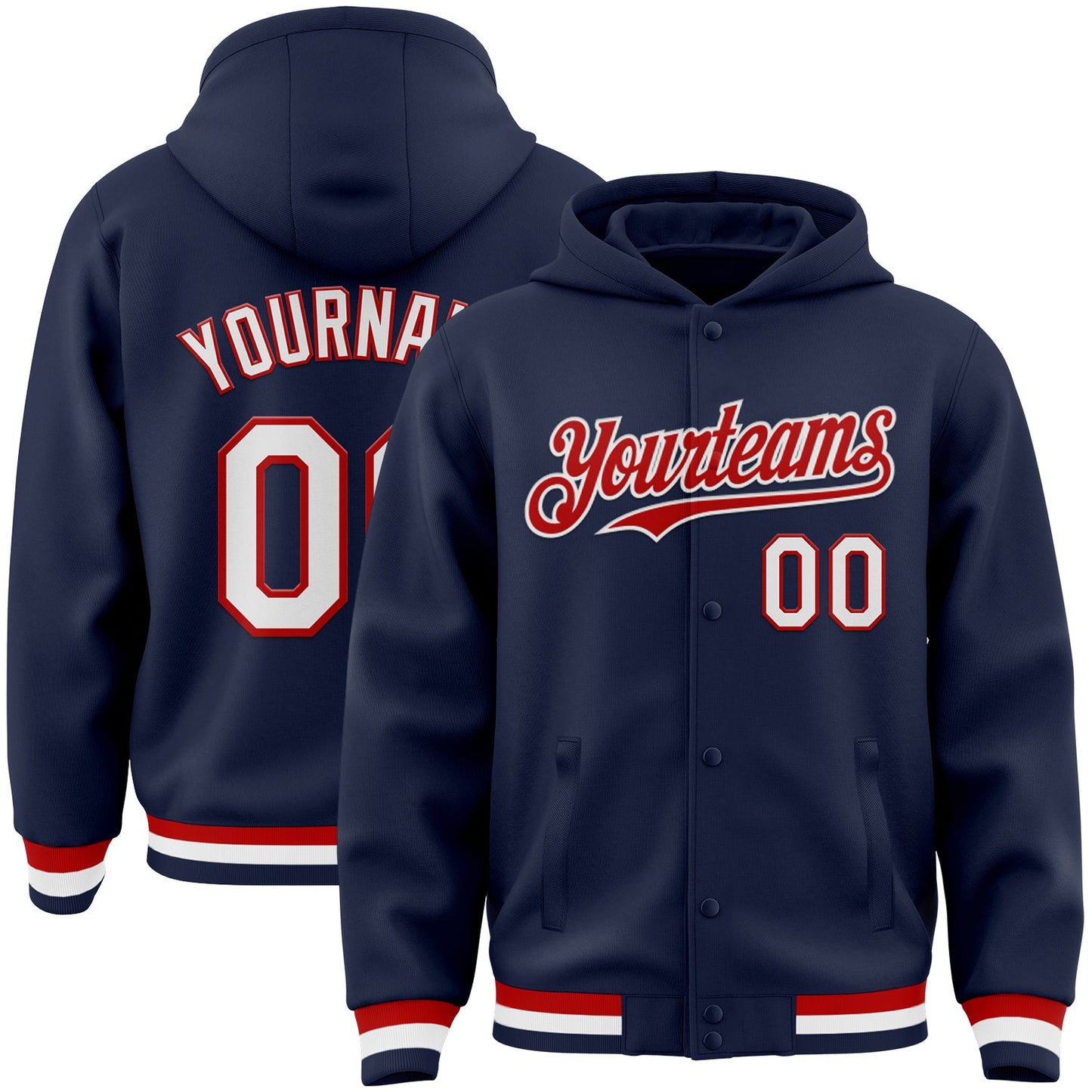 Custom Navy White-Red Bomber Full-Snap Varsity Letterman Hoodie Jacket - Main View