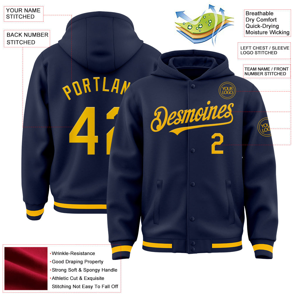 Custom Navy Gold Bomber Full-Snap Varsity Letterman Hoodie Jacket view 3