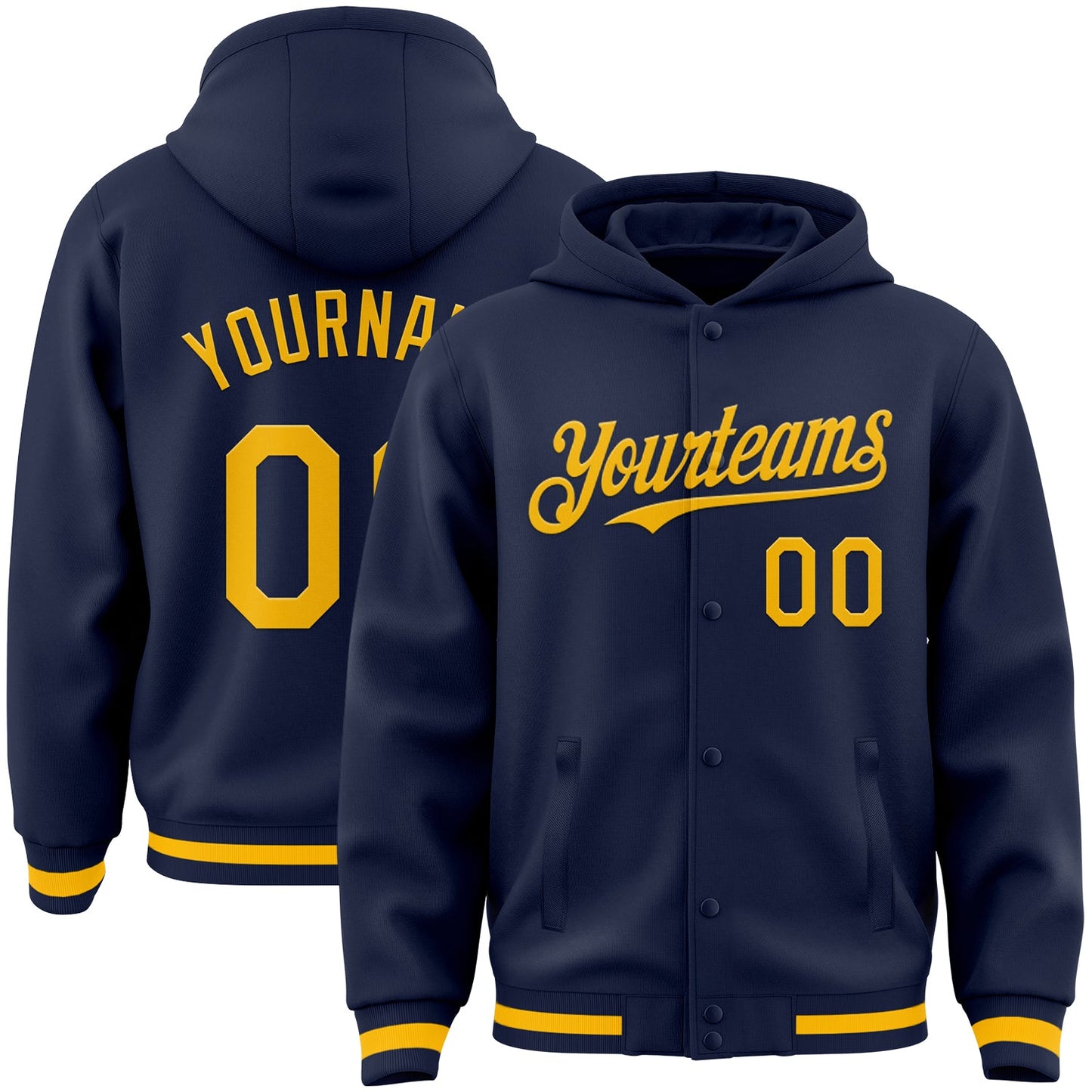 Custom Navy Gold Bomber Full-Snap Varsity Letterman Hoodie Jacket - Main View