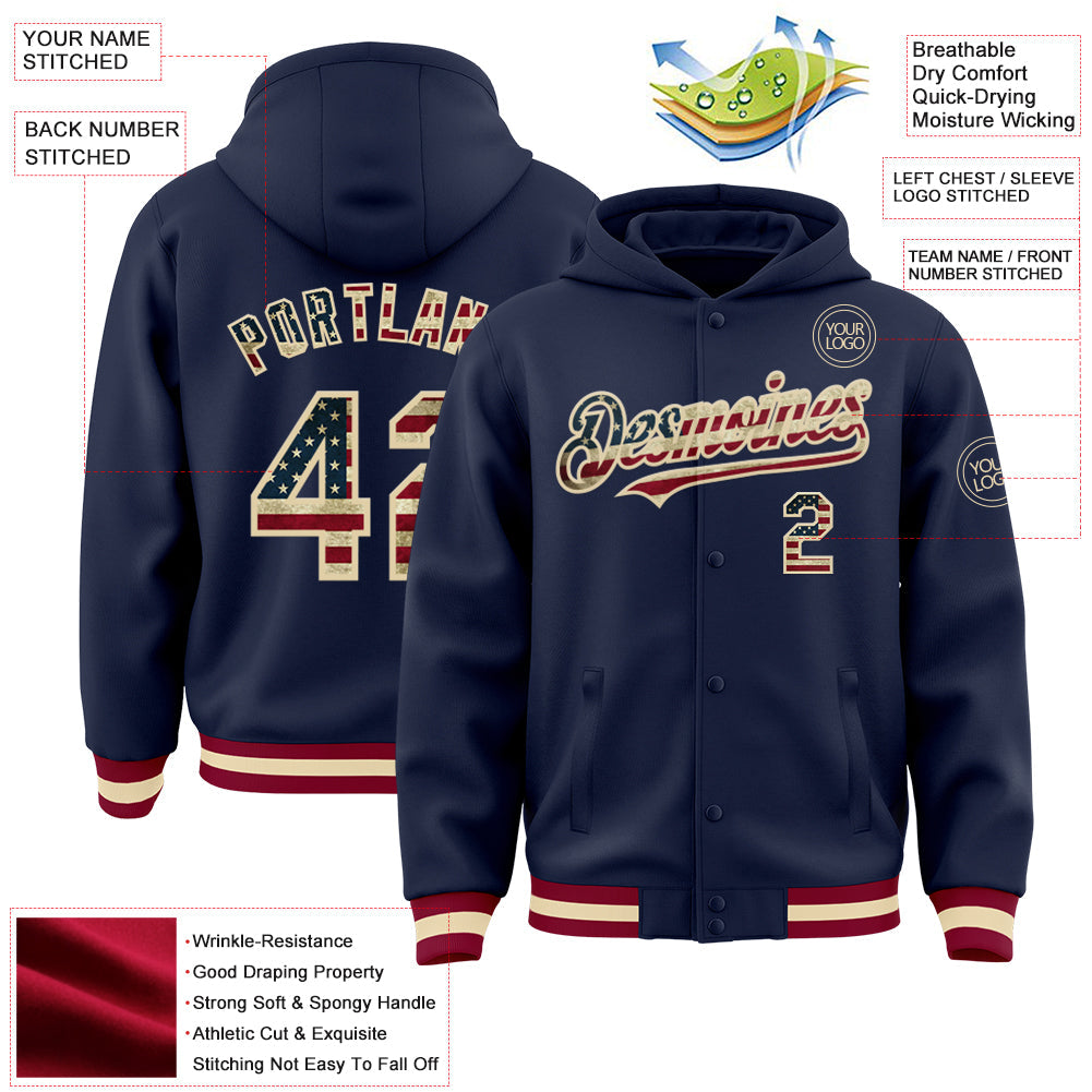Custom Navy Vintage USA Flag Cream-Maroon Bomber Full-Snap Varsity Letterman Hoodie Jacket view 3