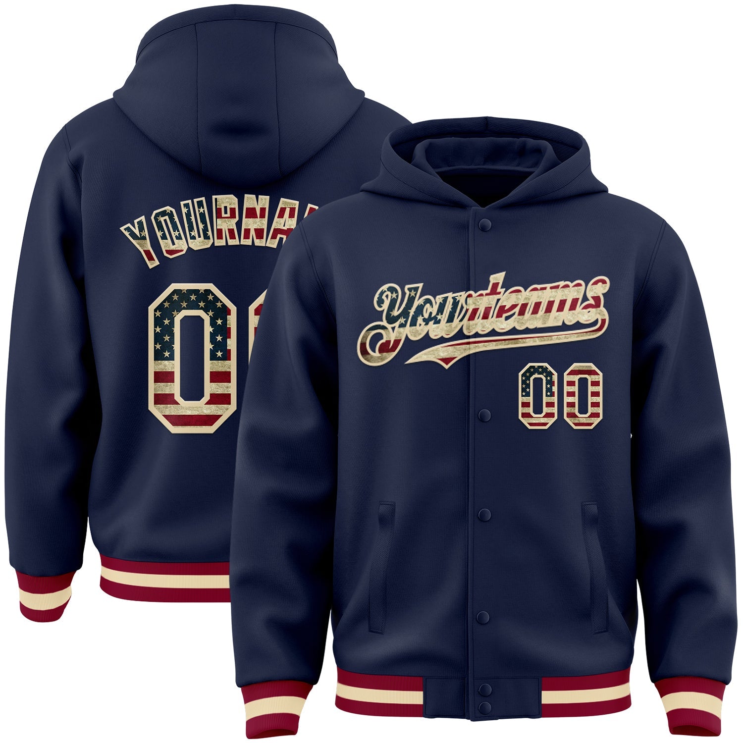 Custom Navy Vintage USA Flag Cream-Maroon Bomber Full-Snap Varsity Letterman Hoodie Jacket - Main View