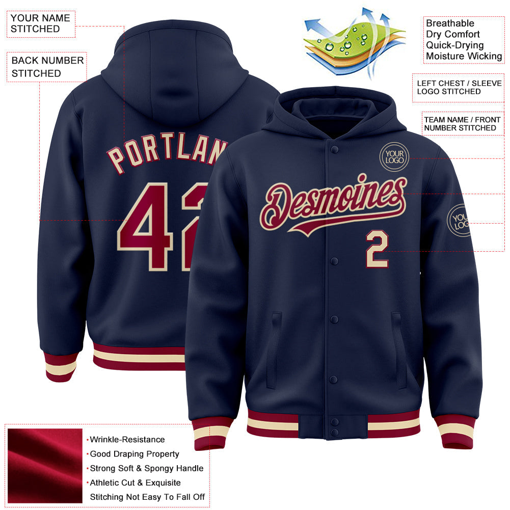 Custom Navy Maroon-Cream Bomber Full-Snap Varsity Letterman Hoodie Jacket view 3