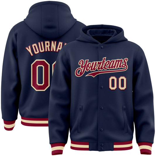 Custom Navy Maroon-Cream Bomber Full-Snap Varsity Letterman Hoodie Jacket - Main View